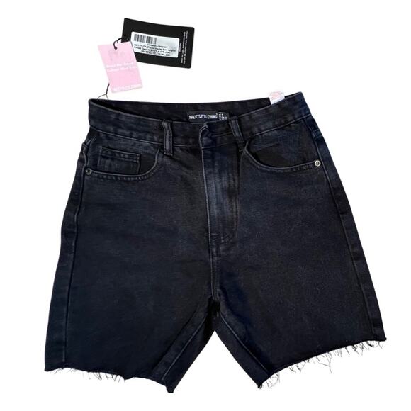 Pretty Little Thing HR Shorts sz 0 Washed Black Cut Off 6" Longline Fitted Denim - Picture 1 of 8